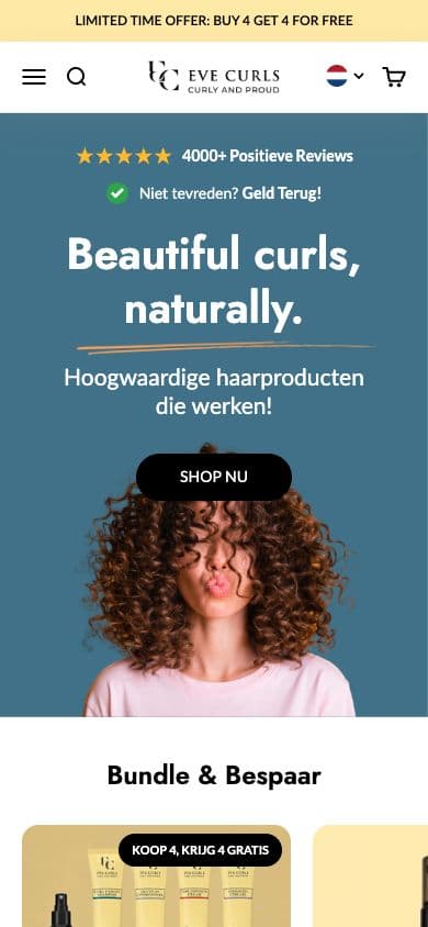 Eve Curls mobile homepage view