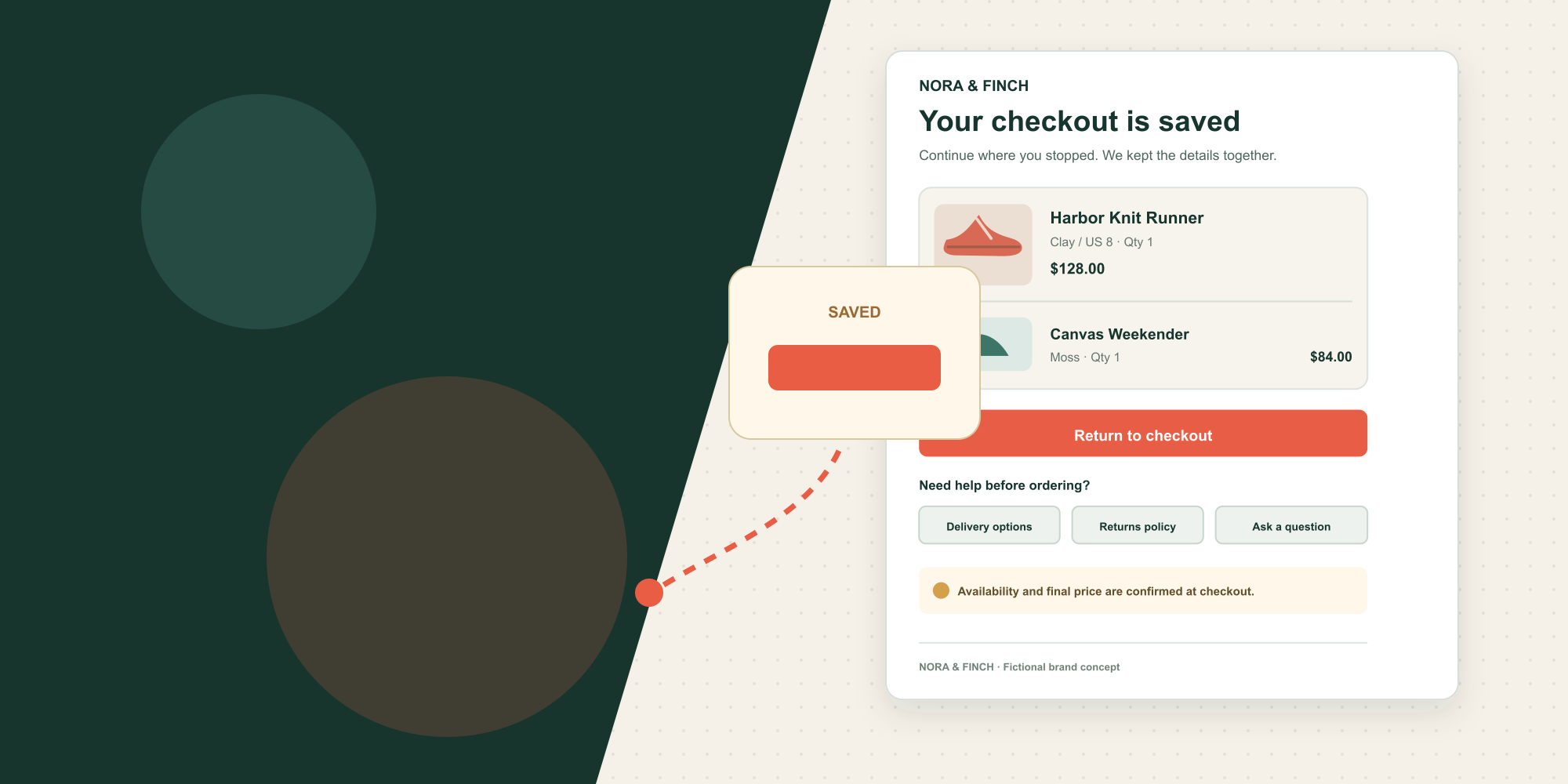 Wide editorial composition showing a saved-checkout email and a path back to purchase.