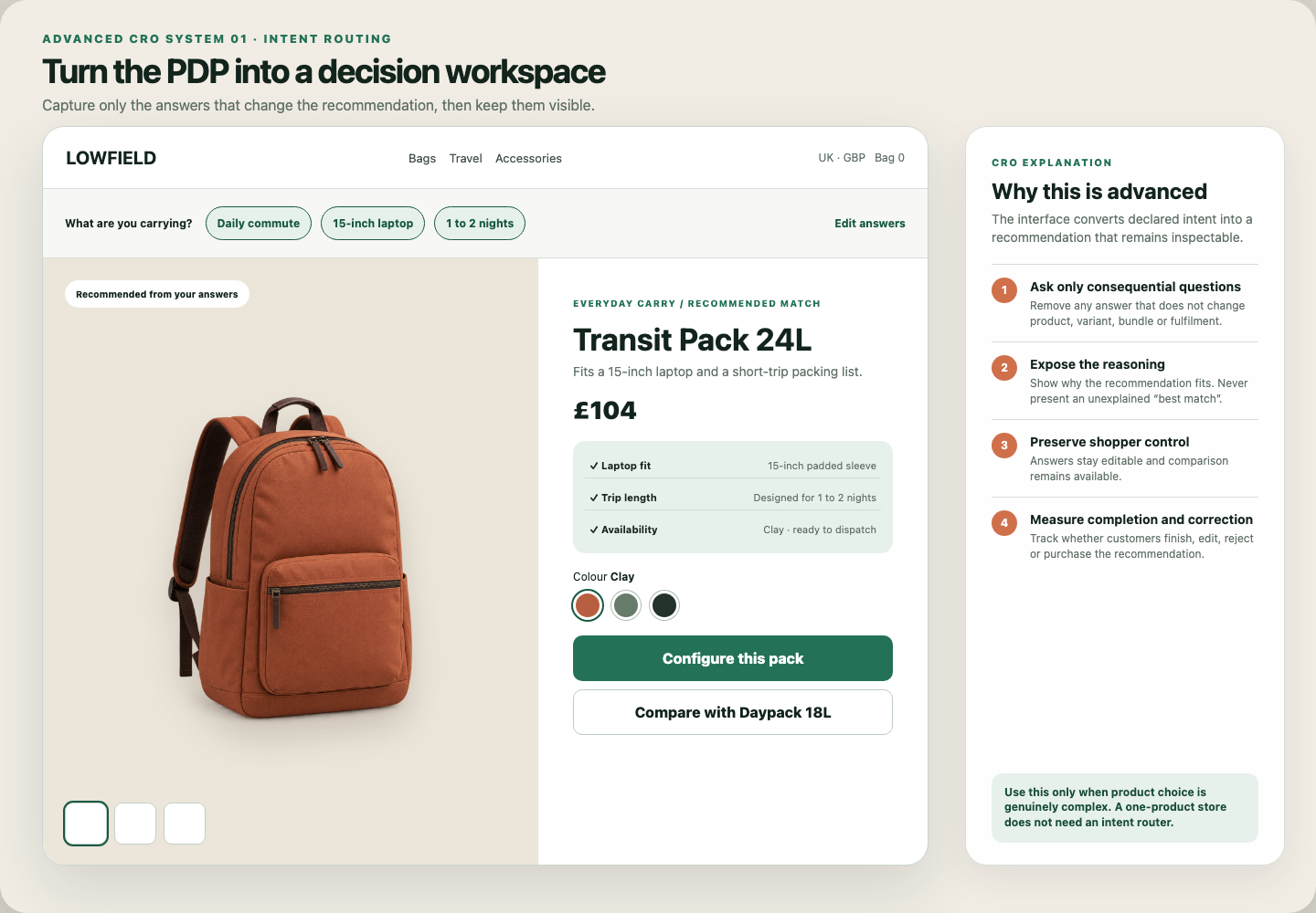 An annotated ecommerce product decision workspace that converts commute, laptop, and trip requirements into an explainable product recommendation.