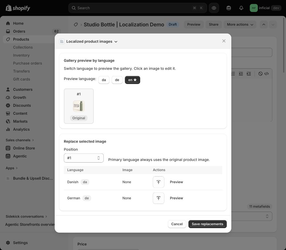 Localized images editor showing English, Danish and German controls for a fictional bottle.