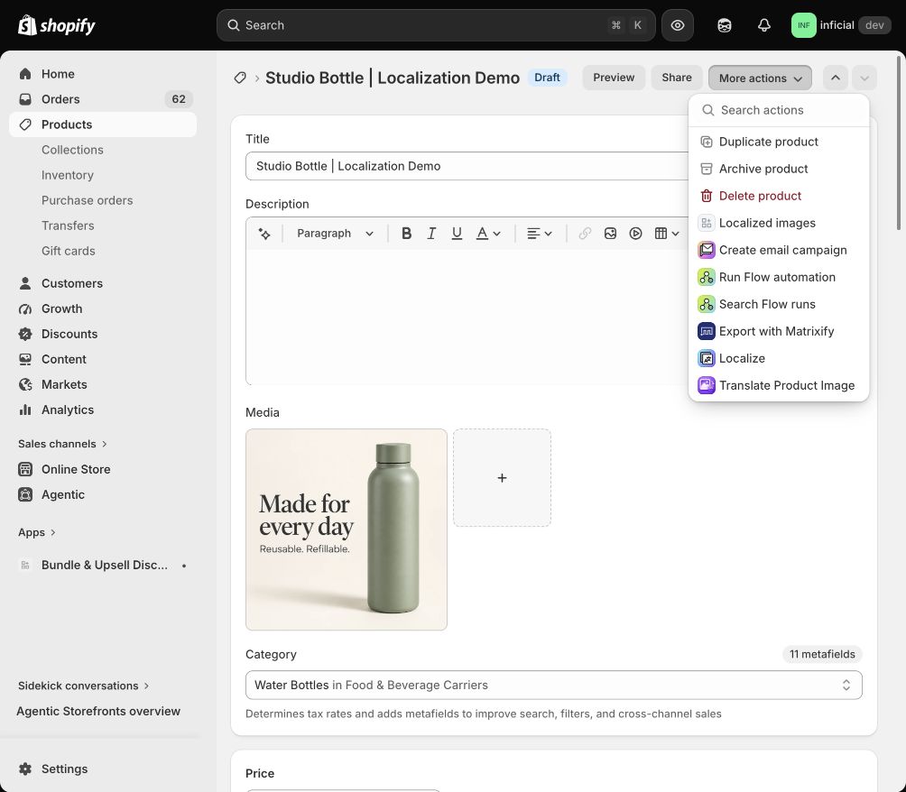 Inficial demo product with Localized images available in Shopify’s More actions menu.