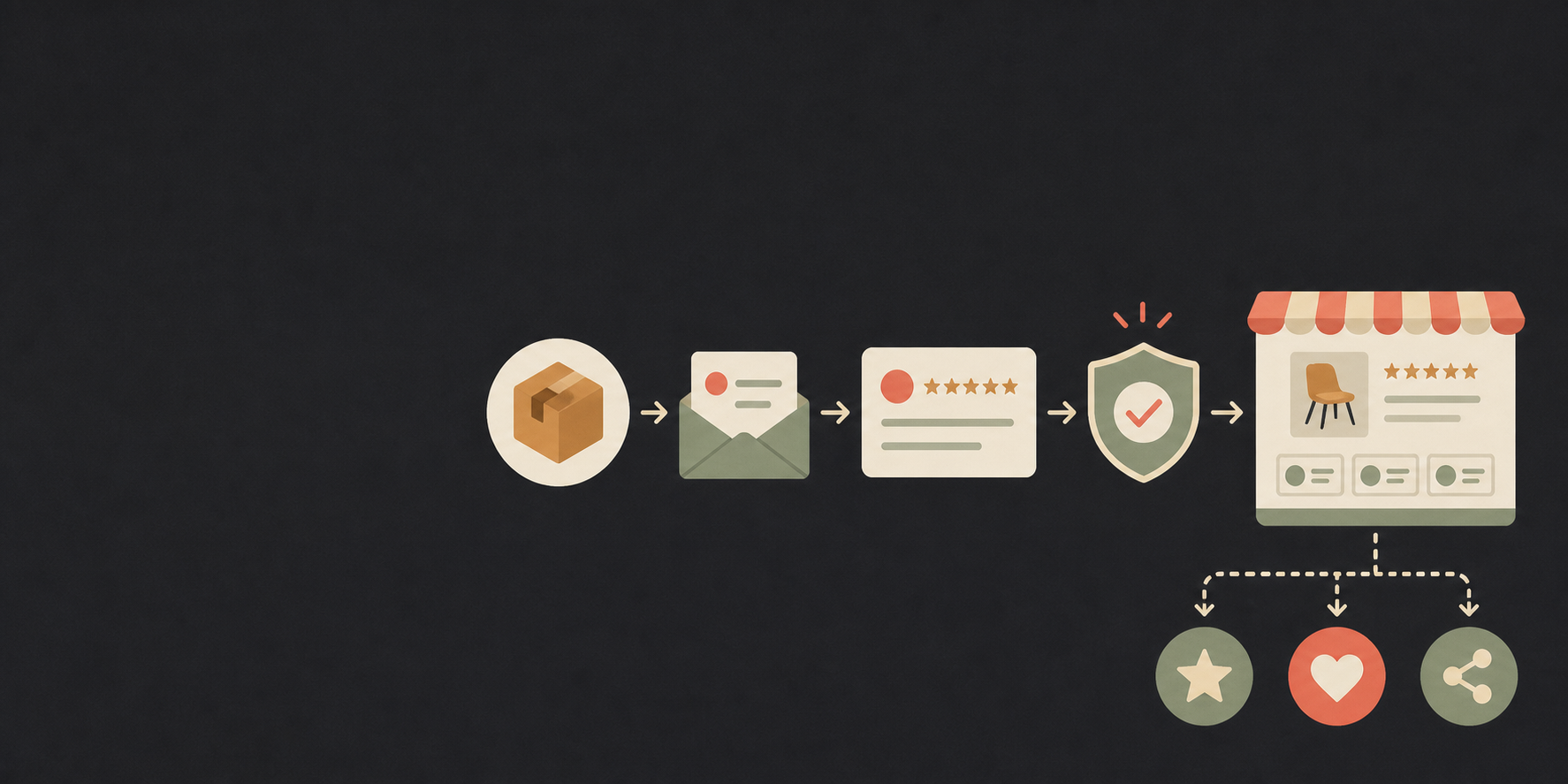 A flat workflow illustration routes an order through a review request, customer response, moderation, storefront display, and approved channels.