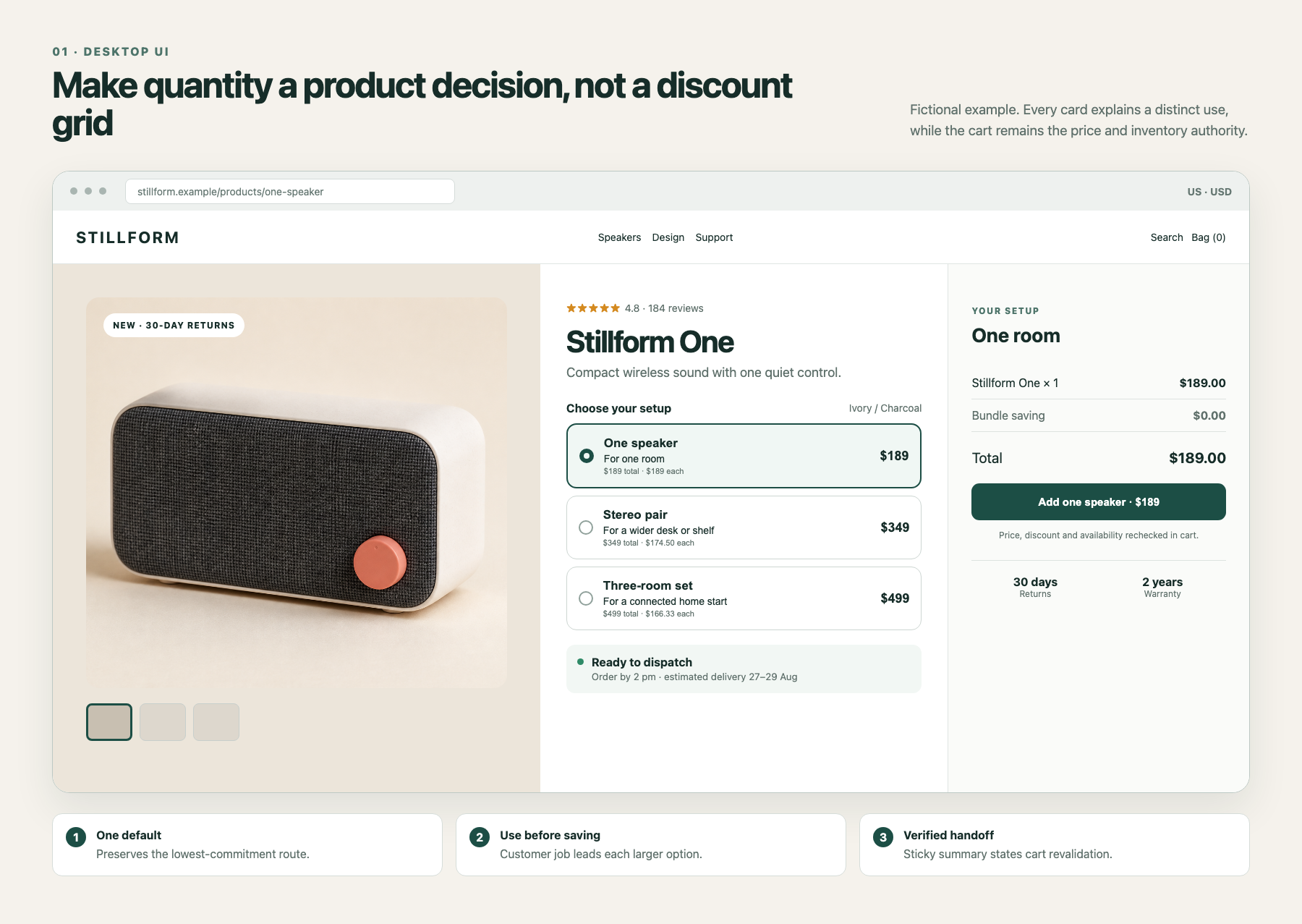 Annotated desktop ecommerce product page for the fictional Stillform One speaker with one-speaker, stereo-pair, and three-room choices plus a sticky verified order summary.
