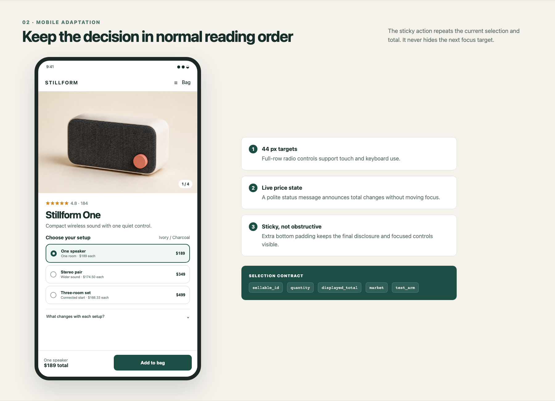 Annotated mobile product page showing three bundle choices in reading order and a sticky add-to-bag action that repeats the selected setup and total.