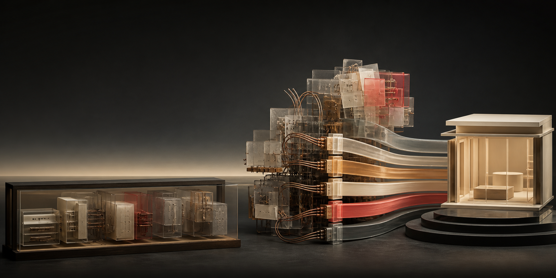 A layered legacy commerce system is sorted through five material paths into a clean modular storefront, with unused components archived nearby.
